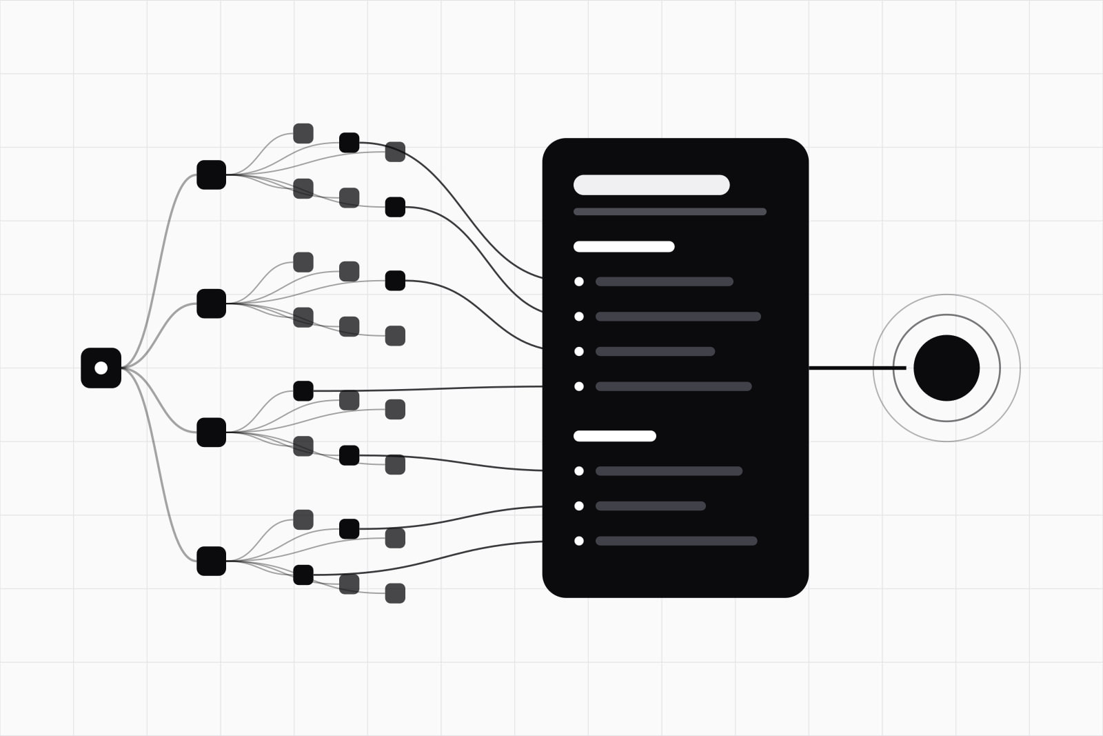 On a white ground, a tree of many small grey pages with seven black, each wired to a bullet on one short black index sheet, which is wired to a ringed dot on the right