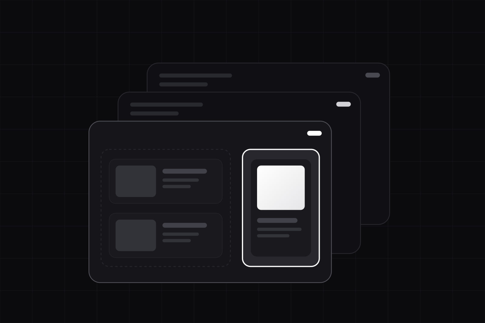 Three layers pulled apart in a stack; on the front one the same card appears wide in one container and stacked in a narrow lit one