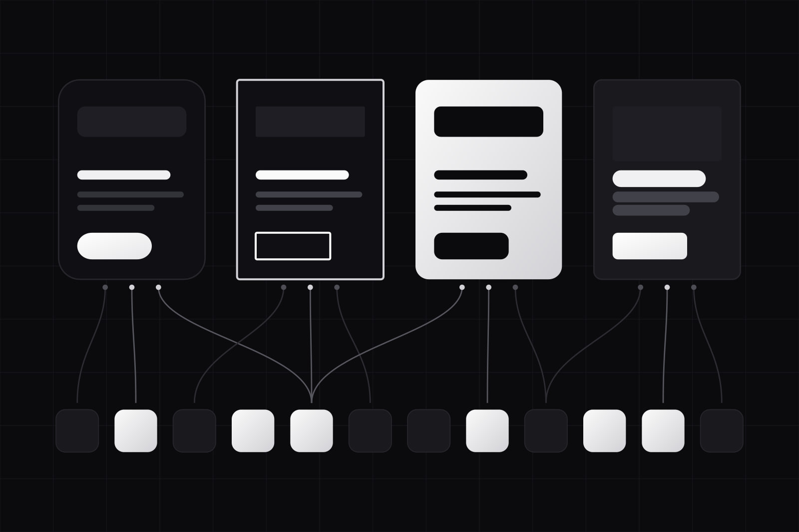 A row of twelve small swatch tiles along the bottom, some white, some dark; above it four cards with the same layout of a title, two lines and a button, each styled differently: rounded with a white button, square with an outlined button, the whole card white, and one with heavy bars; thin lines rise from a few swatches to each card