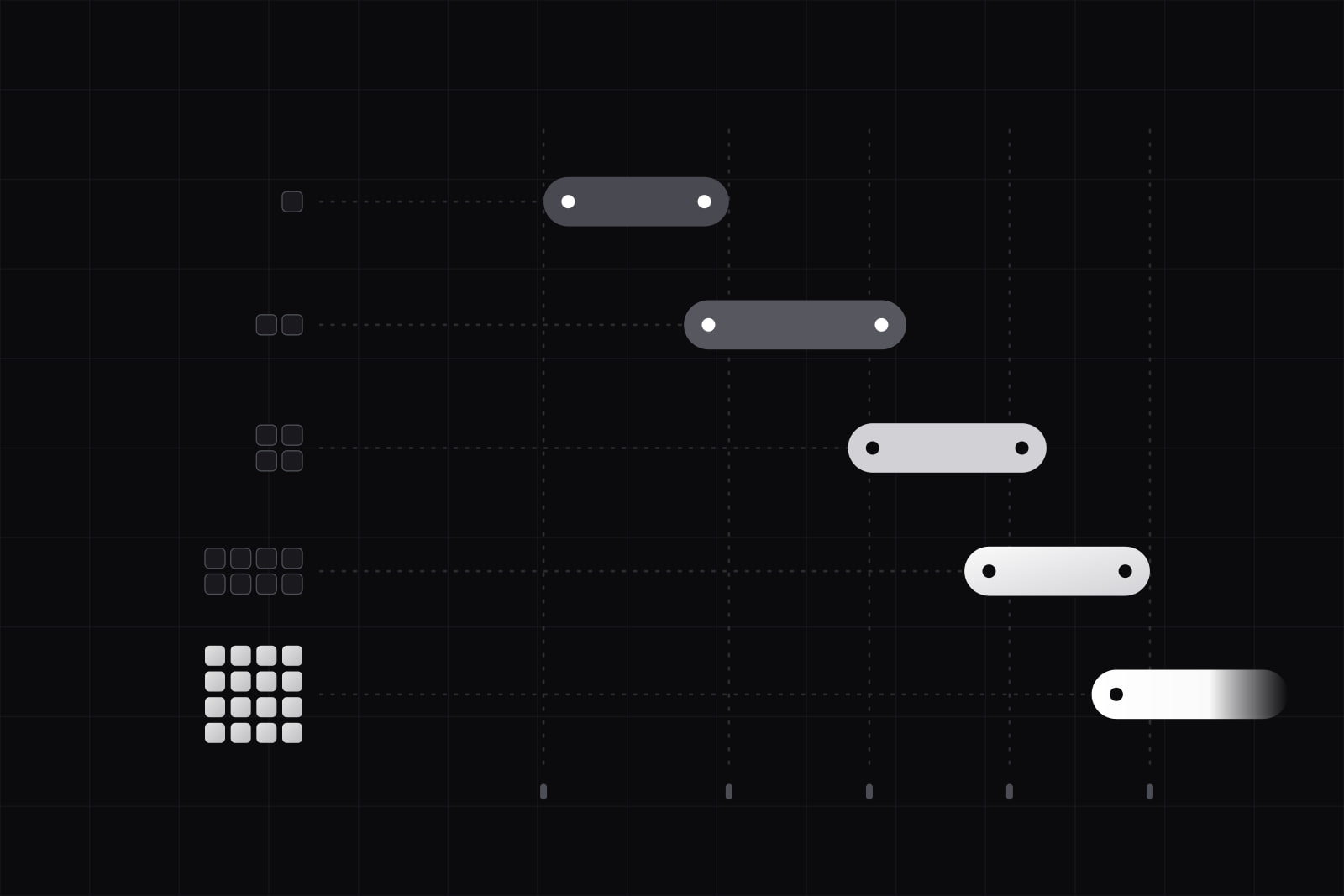 Five rows, each a cluster of 1 to 16 small tiles and a range bar that sits further right and grows brighter row by row, the last fading off the right edge