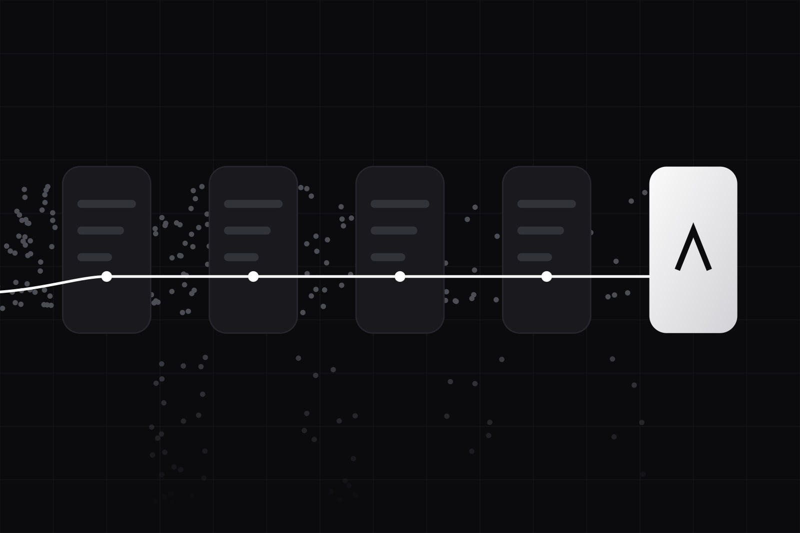 Five tall screen shapes in a row, a stream of dots thinning and falling away between them, one white path reaching the lit last screen