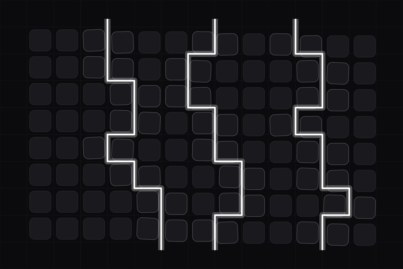 A full wall of dark tiles split by three glowing white fault lines that step down through the gaps, the pieces between them slightly shifted