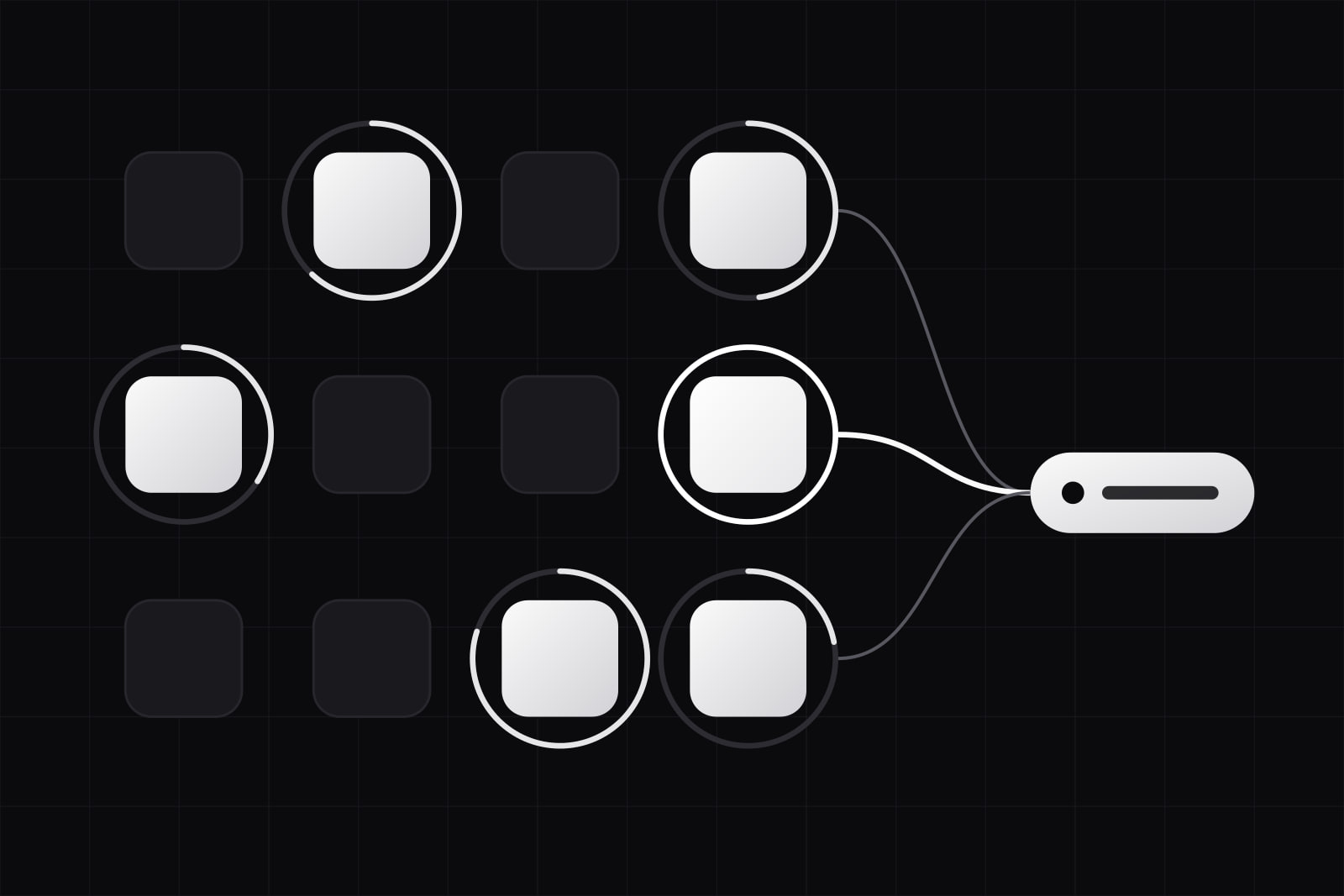 A grid of twelve dark tiles with six lit white, each lit tile circled by a progress ring of a different length; three threads run from the right column of tiles to one lit pill on the right, and the middle tile of that column glows brighter with a full ring