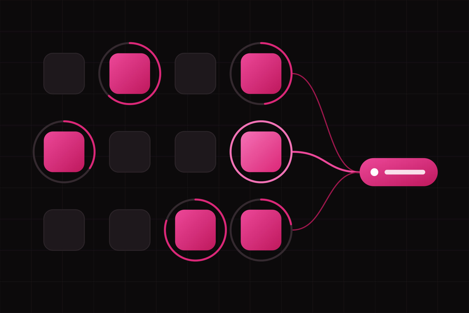 A grid of twelve dark tiles with six lit amaranth, each lit tile circled by a progress ring of a different length; three threads run from the right column of tiles to one lit pill on the right, and the middle tile of that column glows brighter with a full ring