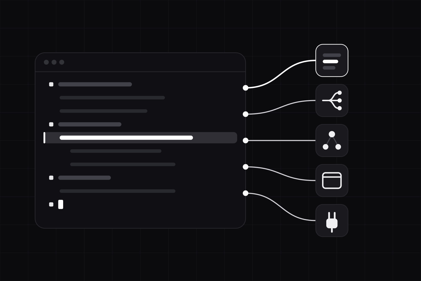 A terminal window with one lit error line, wired from its edge to five dark tiles on the right: an error log, a route list, a component tree, a browser and a plug