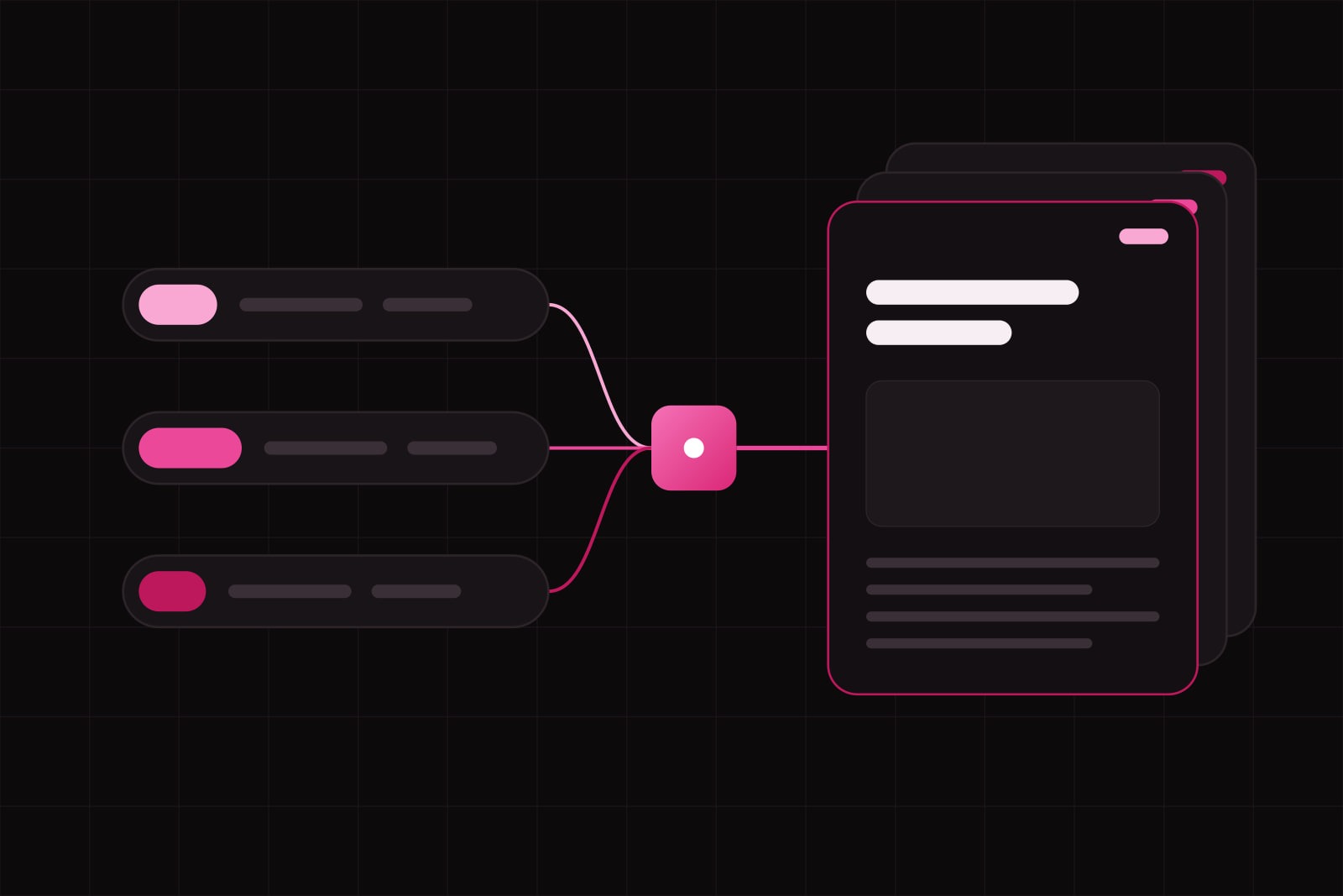 Three address bars differing only in a lit first segment, joined by curves into one lit node, which feeds a stack of three identical page panels