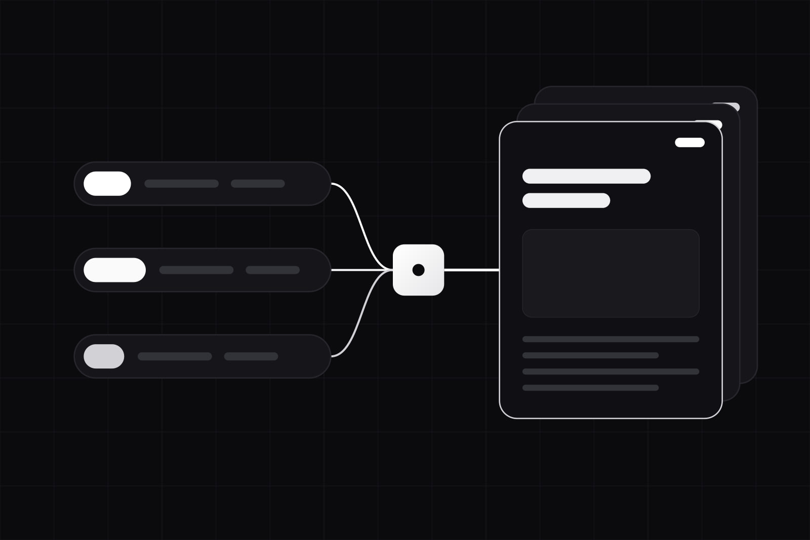 Three address bars differing only in a lit first segment, joined by curves into one lit node, which feeds a stack of three identical page panels