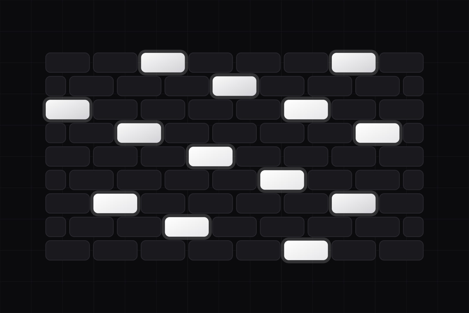 A brick wall of dark rounded bricks in which thirteen scattered bricks are lit white