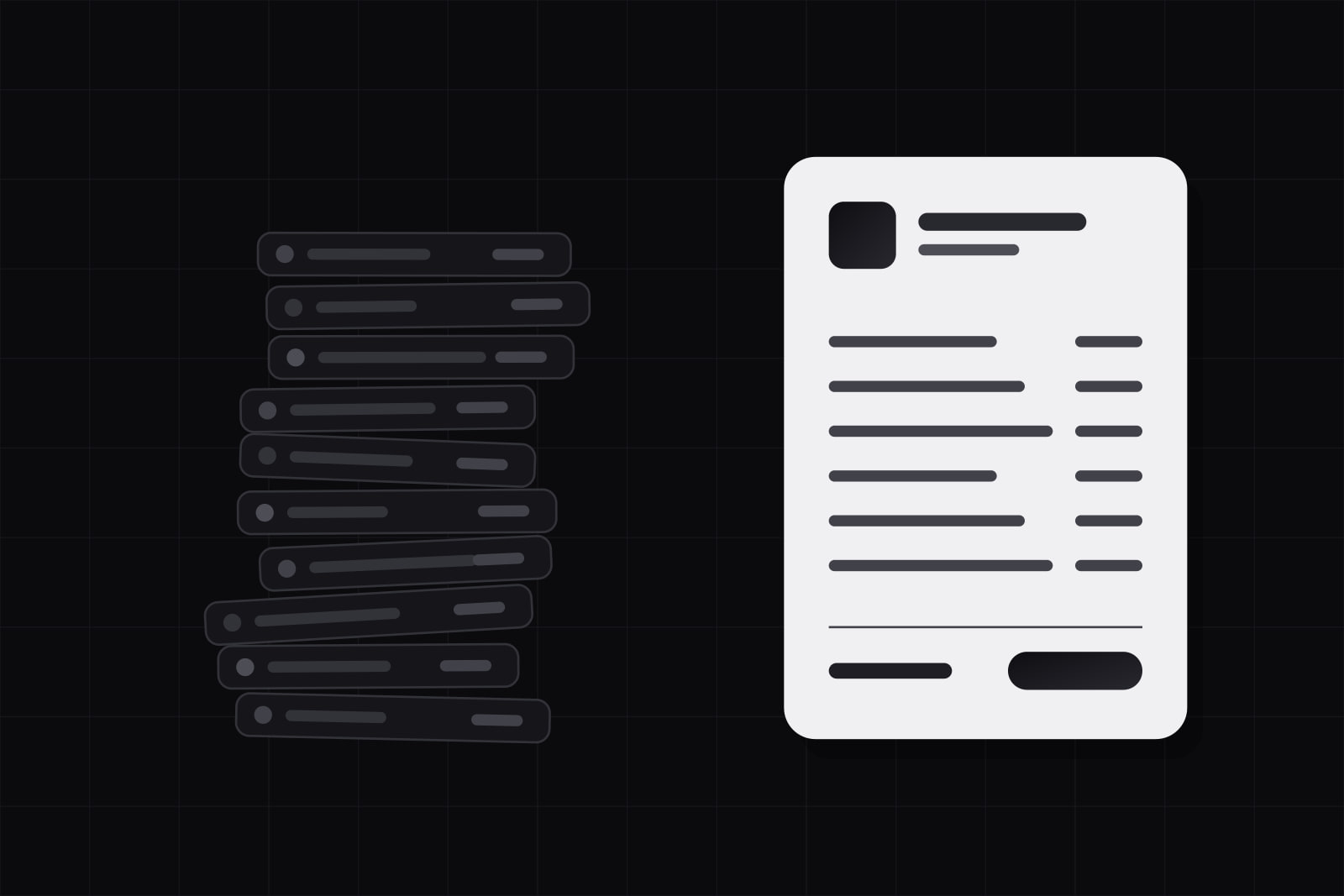 A leaning tower of ten dark vendor slips beside a single white invoice card with one dark total