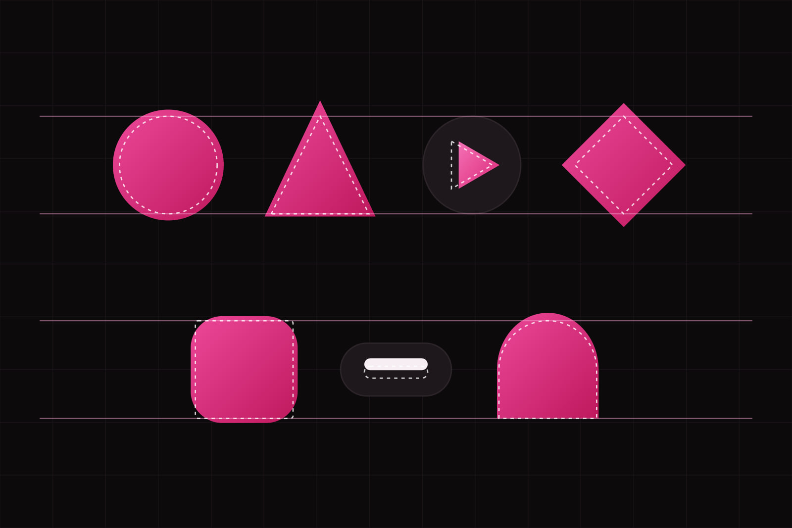 Seven lit shapes on two rows of guide lines, each over a dashed ghost of its mathematical position, circles and points overshooting the lines