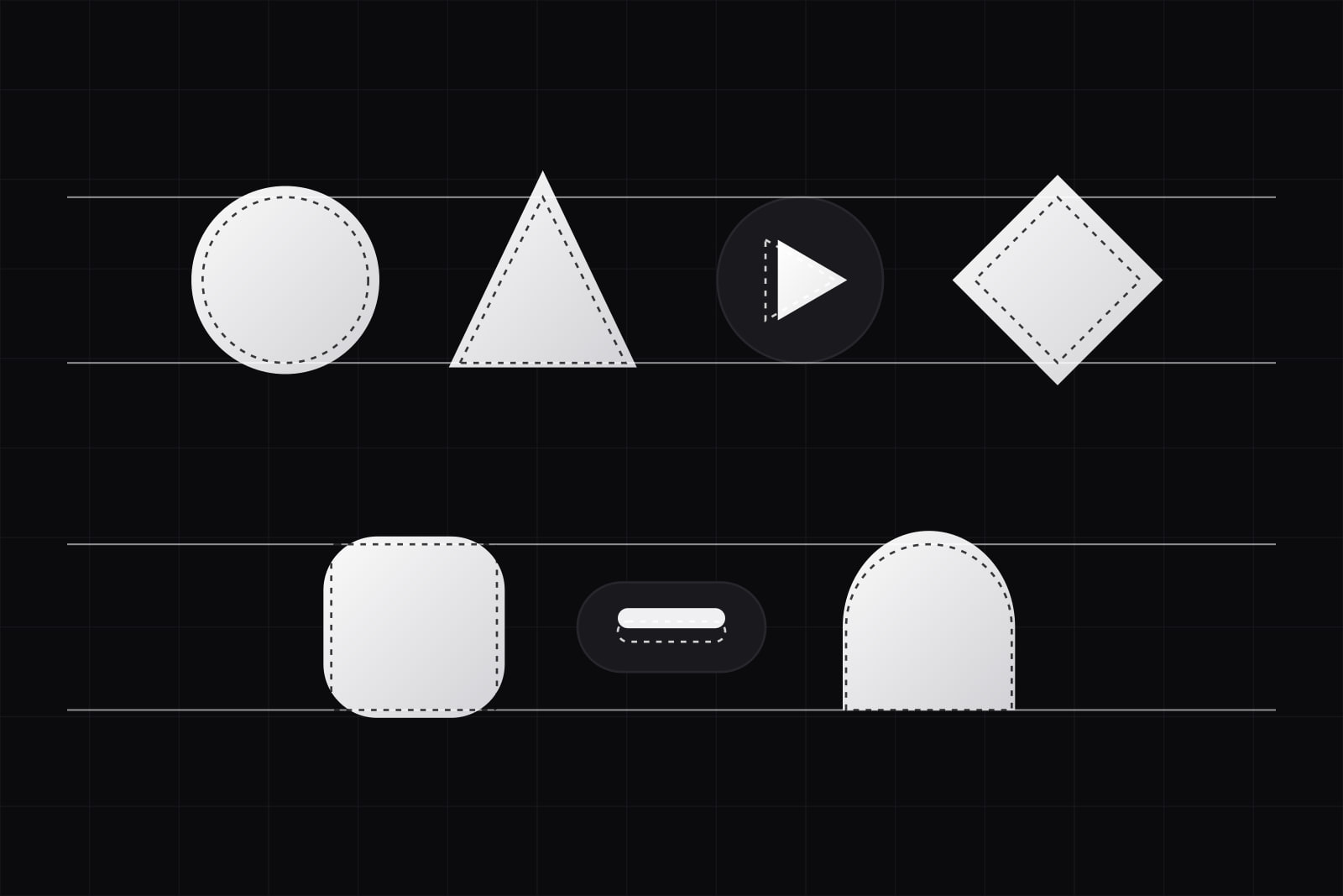 Seven lit shapes on two rows of guide lines, each over a dashed ghost of its mathematical position, circles and points overshooting the lines