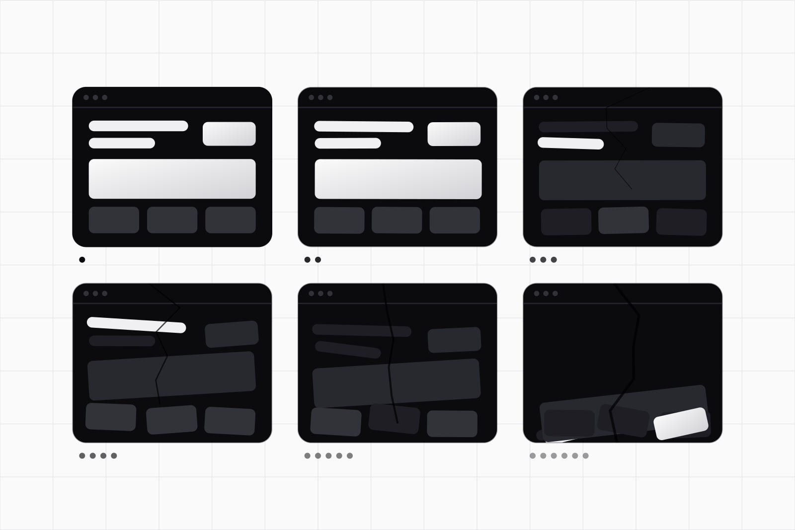 On a white ground, six small black site windows in two rows, the first whole and lit, each later one more faded and slipped, the last with its parts fallen to the bottom
