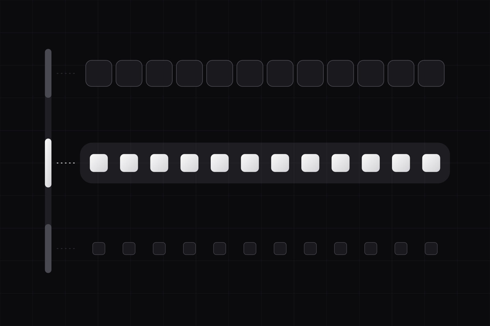 Three rows of twelve tiles, small, medium and large, the middle row lit, beside a vertical scale with three white segments