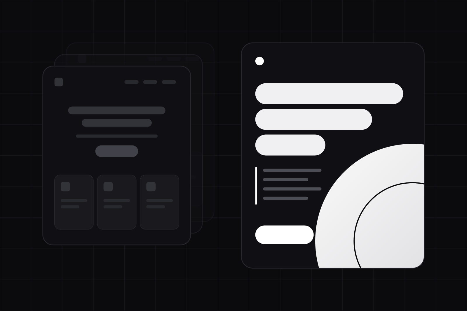 Left, a stack of identical grey page layouts; right, the same page with an oversize headline and a large white circle running off its edge