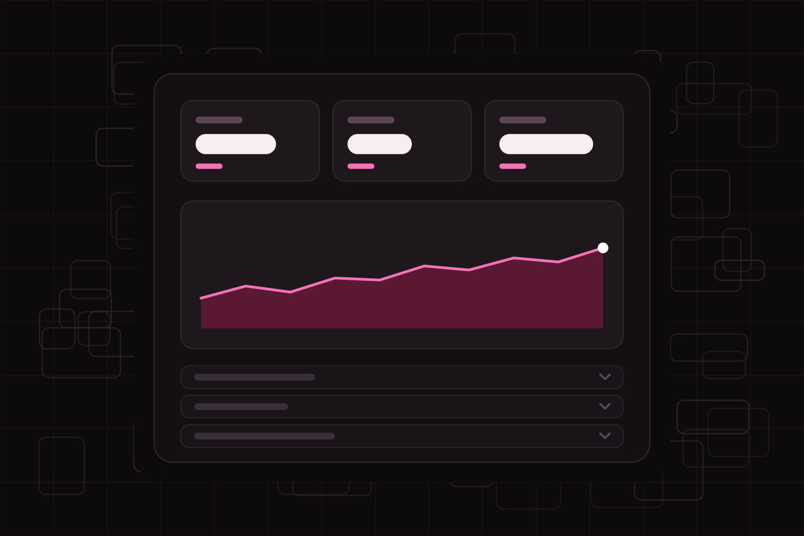 A clean dashboard window with three summary cards and one lit chart, folded rows beneath, and a crowd of faint widget shapes behind it