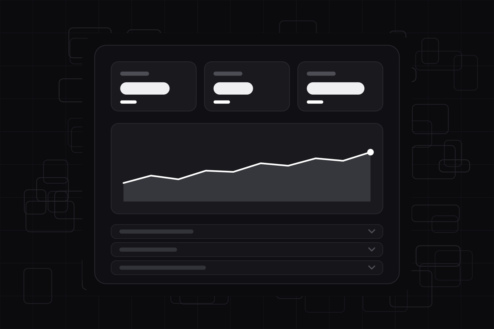 A clean dashboard window with three summary cards and one lit chart, folded rows beneath, and a crowd of faint widget shapes behind it