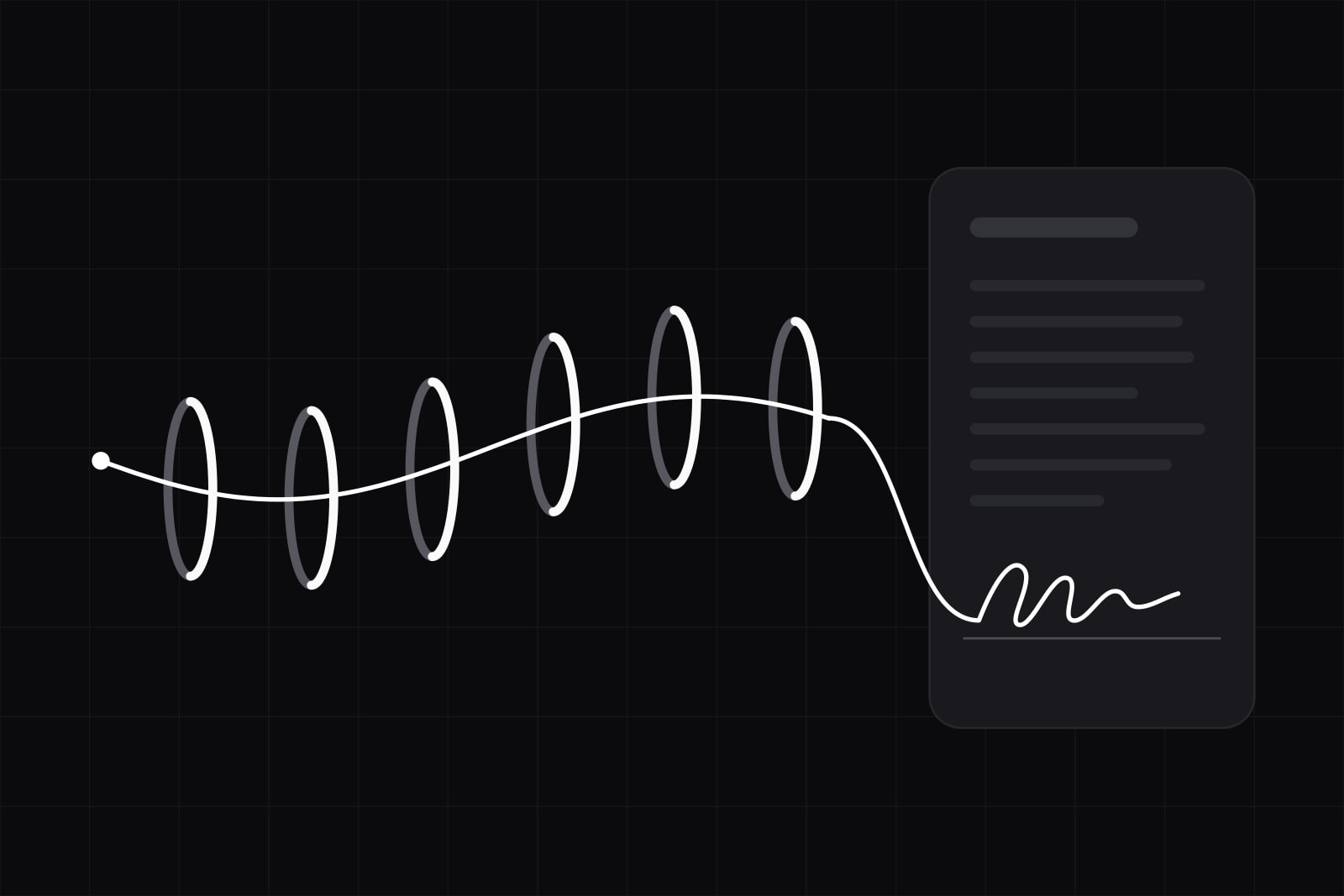 A single white thread passing through six white hoops in a row, then running onto a document and becoming its signature