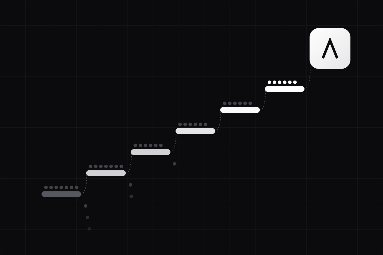 Six lit steps rising from left to right toward a large lit tile, dots of users standing on each step, a few faded dots falling below the first ones
