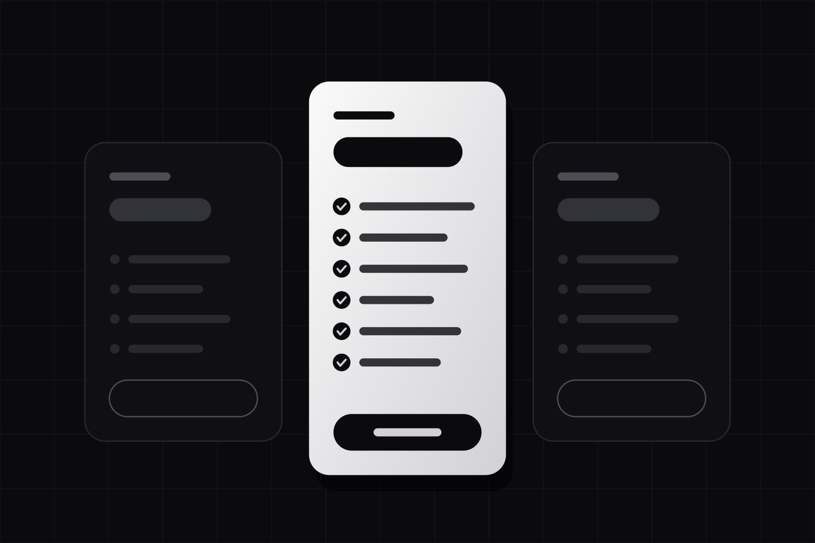 Three pricing cards side by side, the middle one raised and white with six ticked rows, the outer two dark and quiet