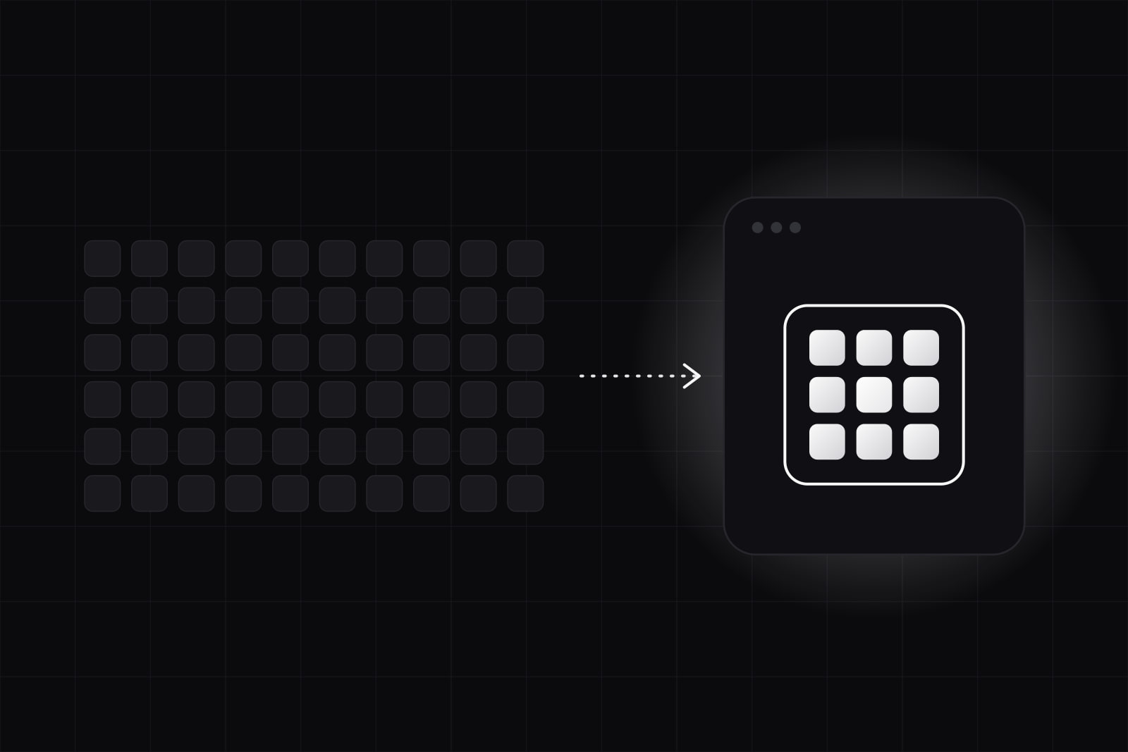 Sixty dim tiles in a wide grid on the left, and nine lit tiles packed into a container inside a small server panel on the right