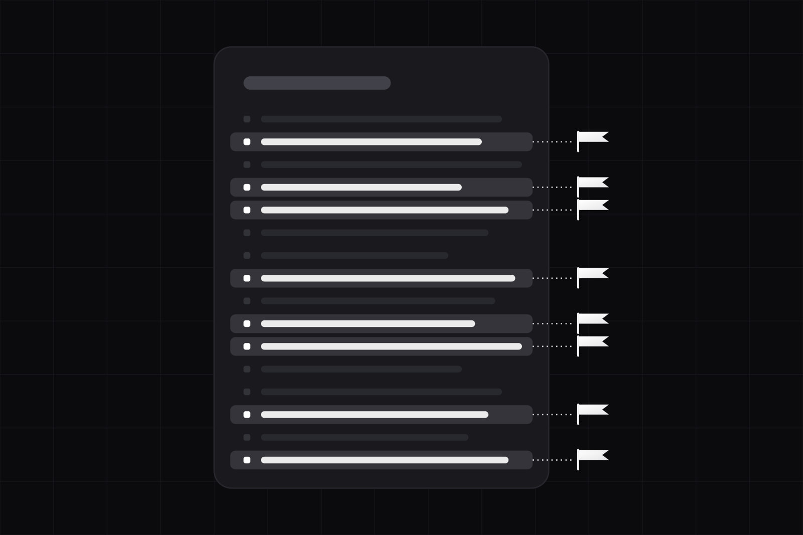 A long document of sixteen clause lines, eight of them marked in white with a flag standing out from the right margin beside each