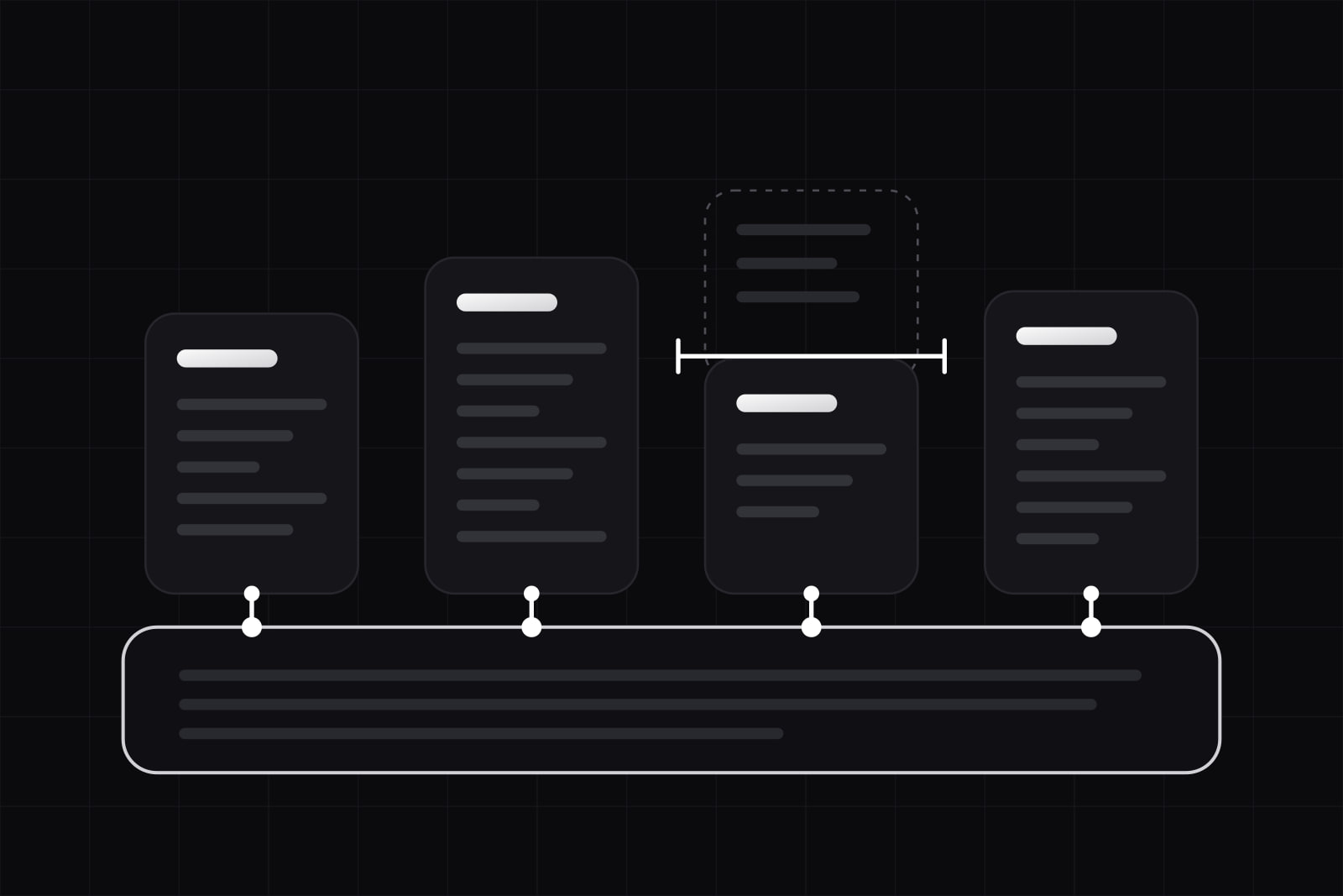Four document cards standing on one long white-edged base, each plugged into it, one card with a dashed growth above it stopped at a lit line