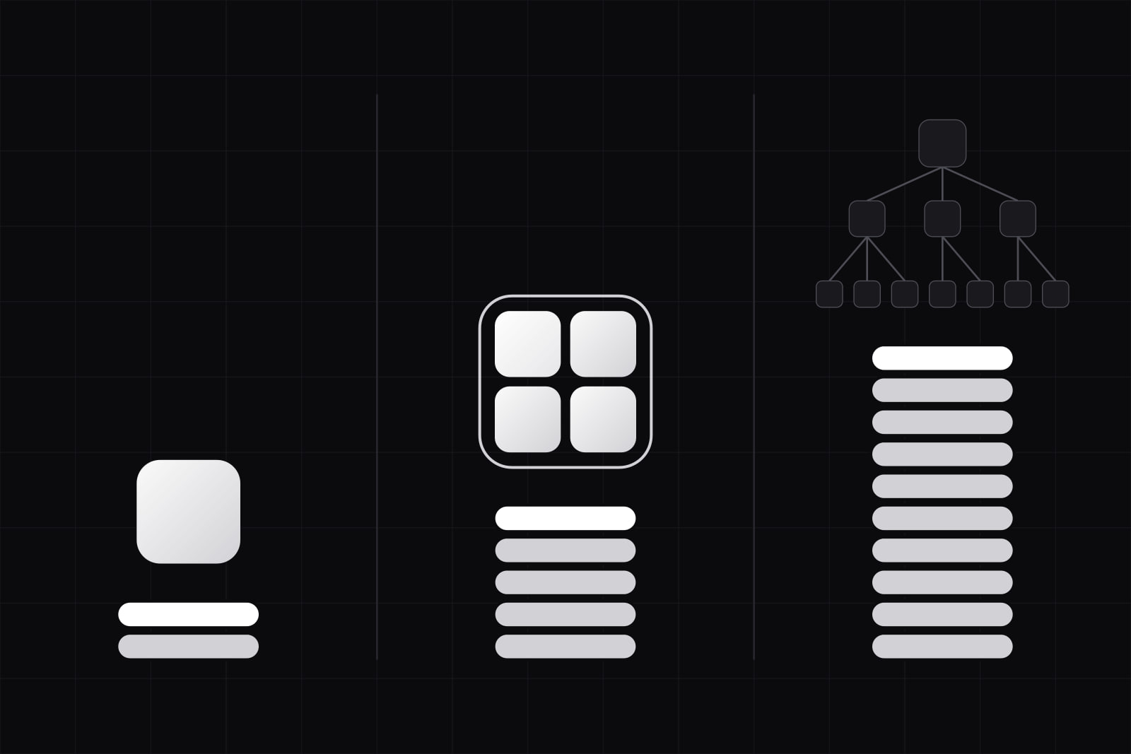 Three columns: a single tile, a tight block of four white tiles and a layered tree of dark tiles, each above a stack of coins that grows from two to five to ten