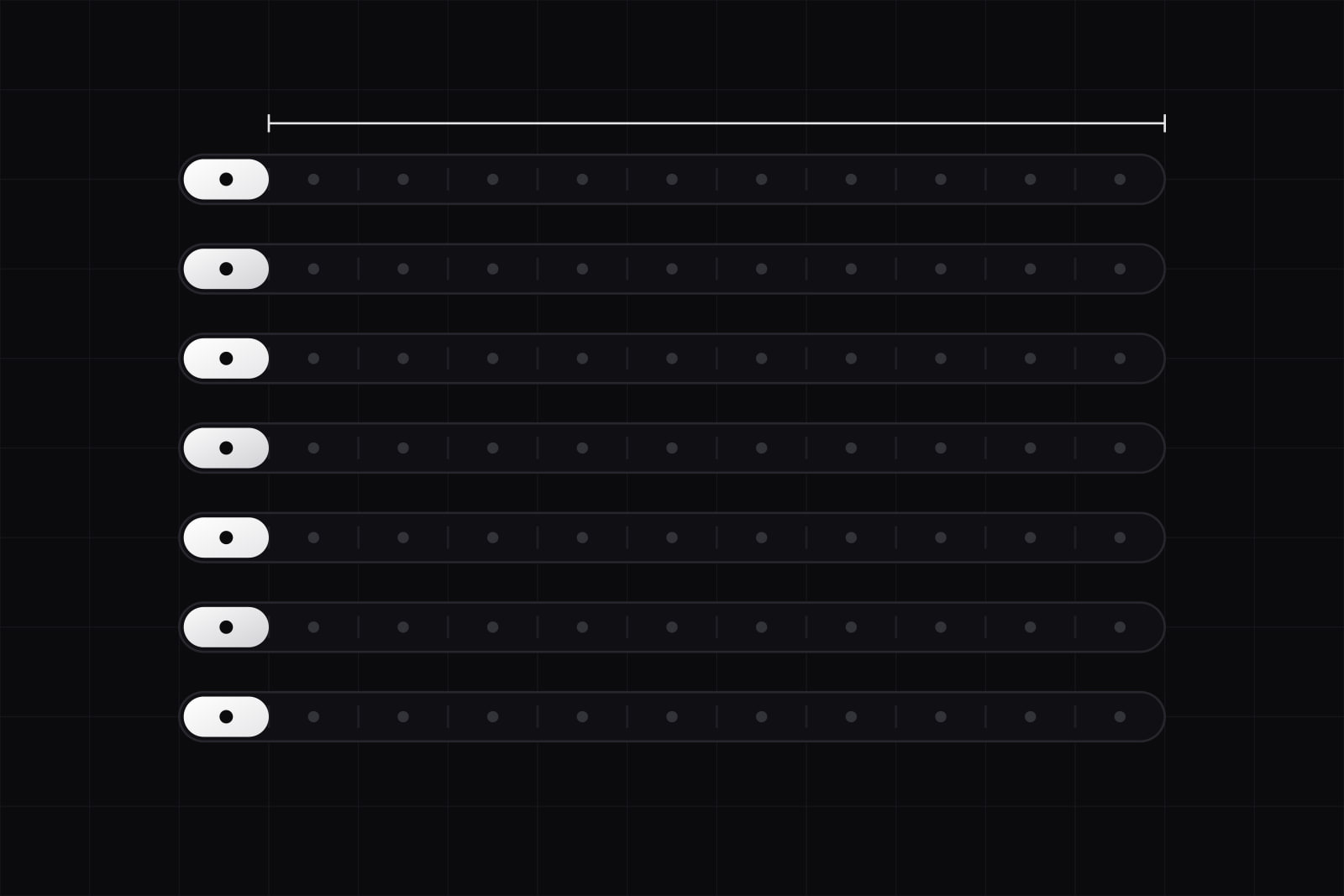Seven long dark tracks of eleven units, each with a small dot per unit, and on each only the first unit lit in white