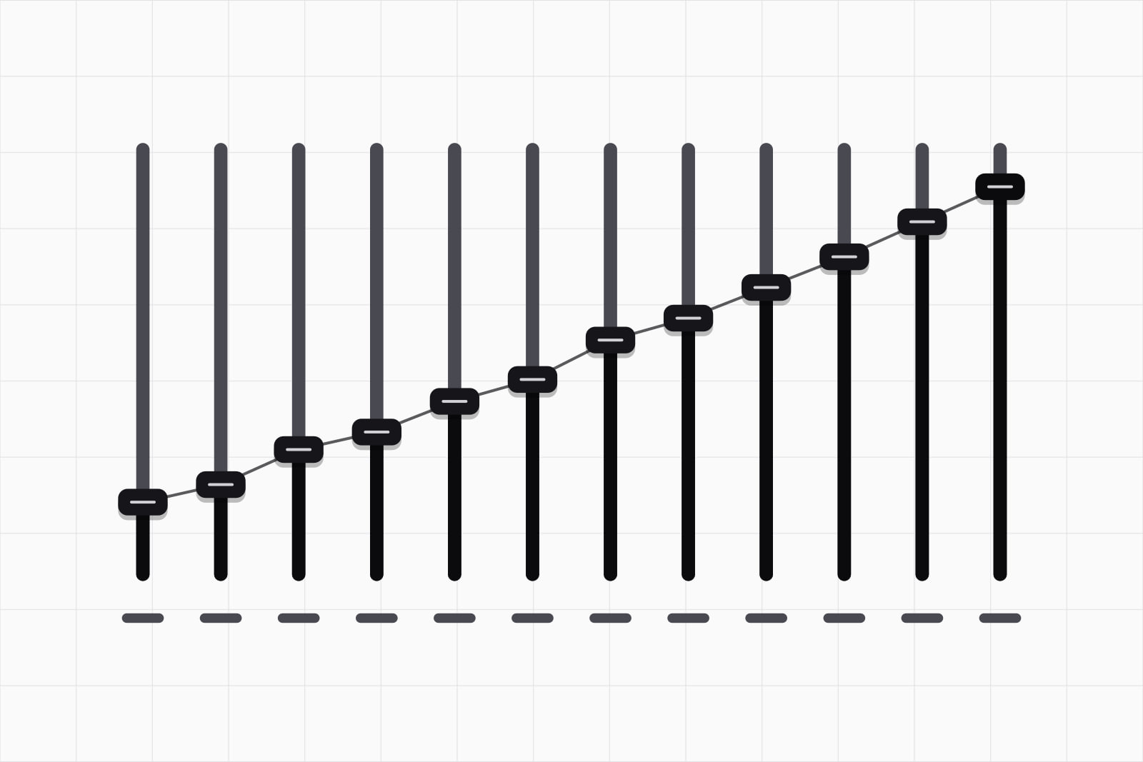 On a white ground, twelve vertical sliders with black knobs raised in rising steps, a thin line climbing through the knobs