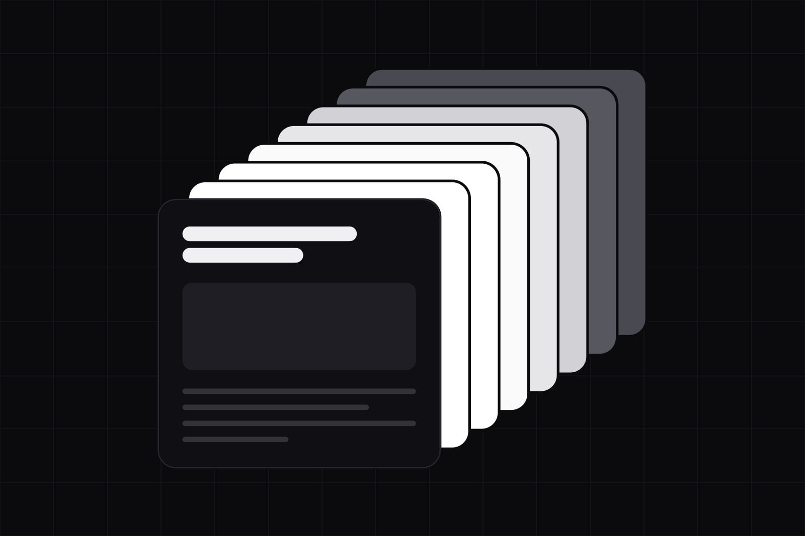 A dark article card in front of seven cards stepped up and to the right behind it, each a different shade from white to grey