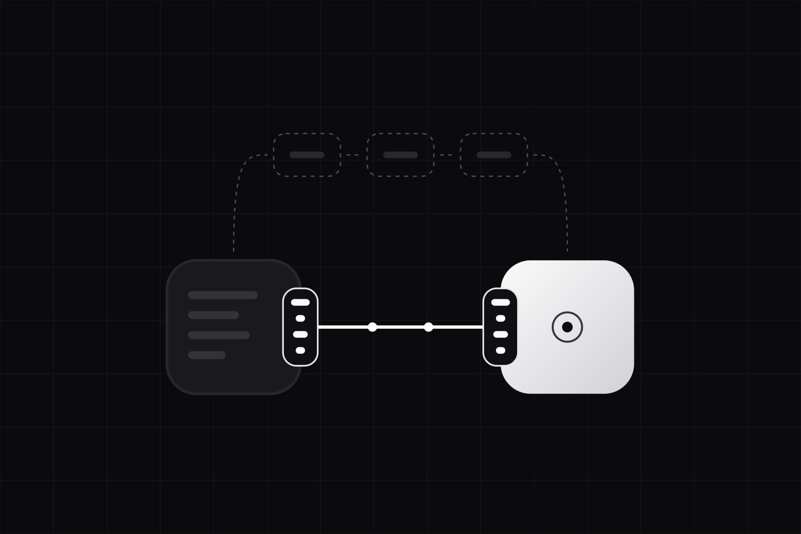 A dark client tile and a lit server tile joined by one short white line between matching ports of small pills, with a dashed detour through three empty boxes above