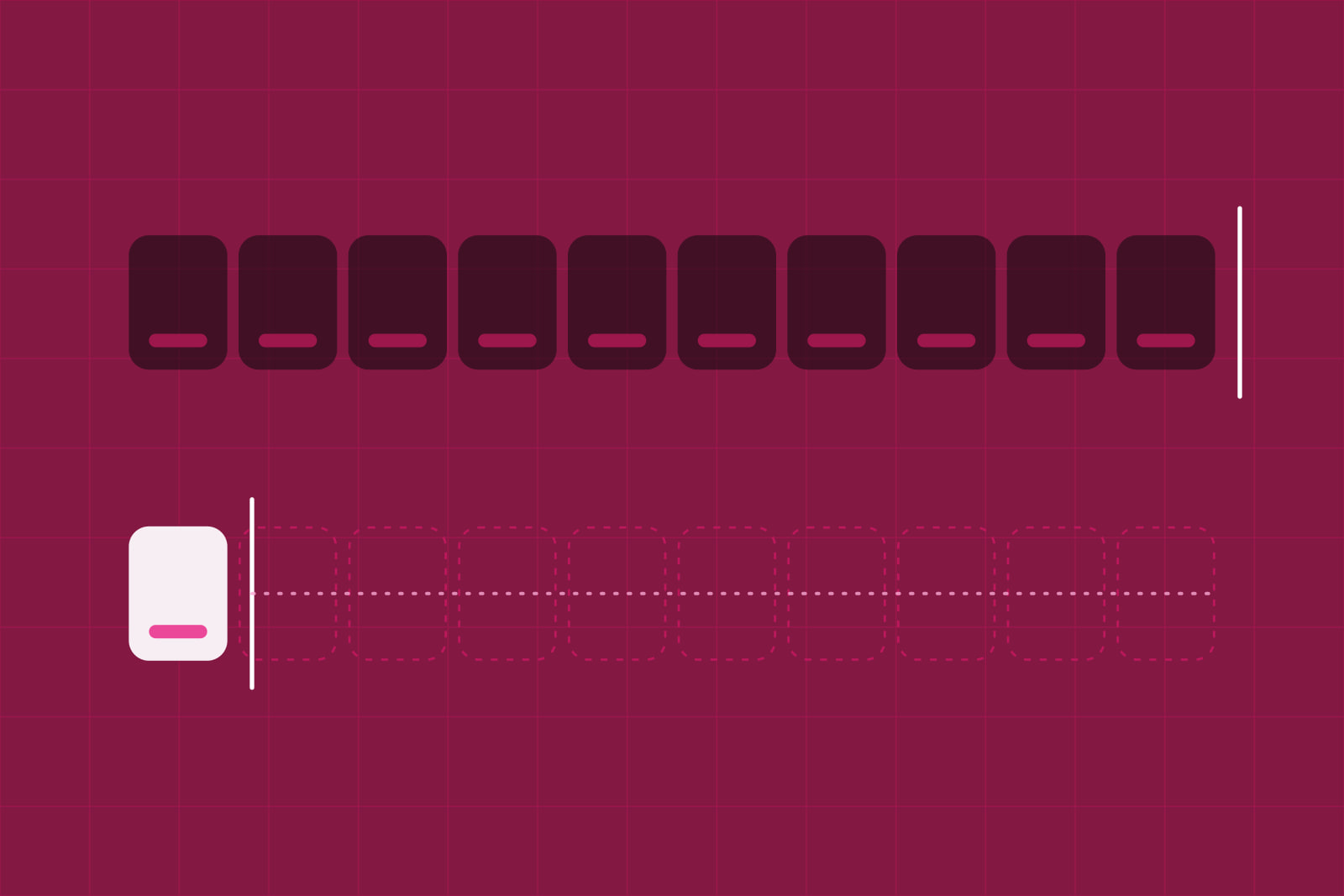 On a wine-coloured ground, a row of ten dark blocks above, and below it a single white block doing the same work with nine empty outlines after it