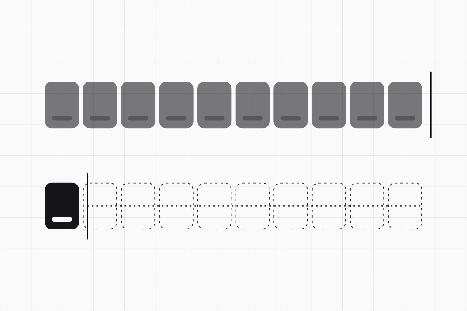 On a white ground, a row of ten grey blocks above, and below it a single black block doing the same work with nine empty outlines after it