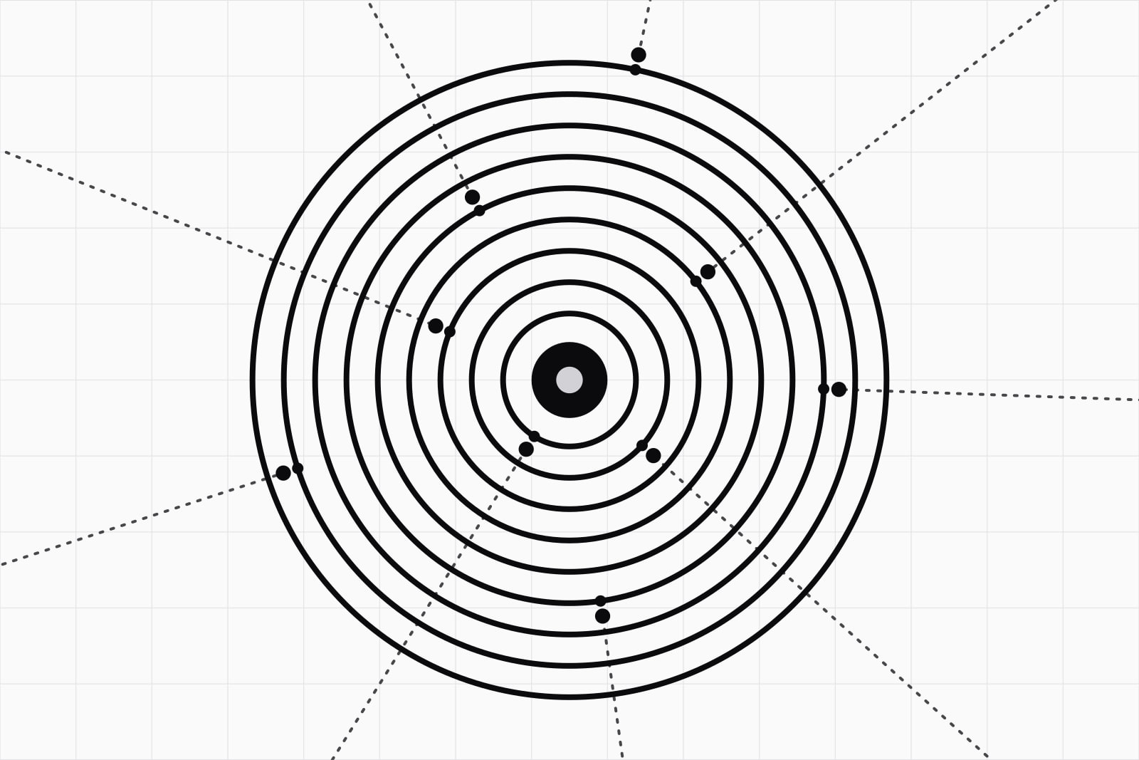 On a white ground, nine black concentric rings around a black core, nine dark lines arriving from outside, each stopped at a different ring
