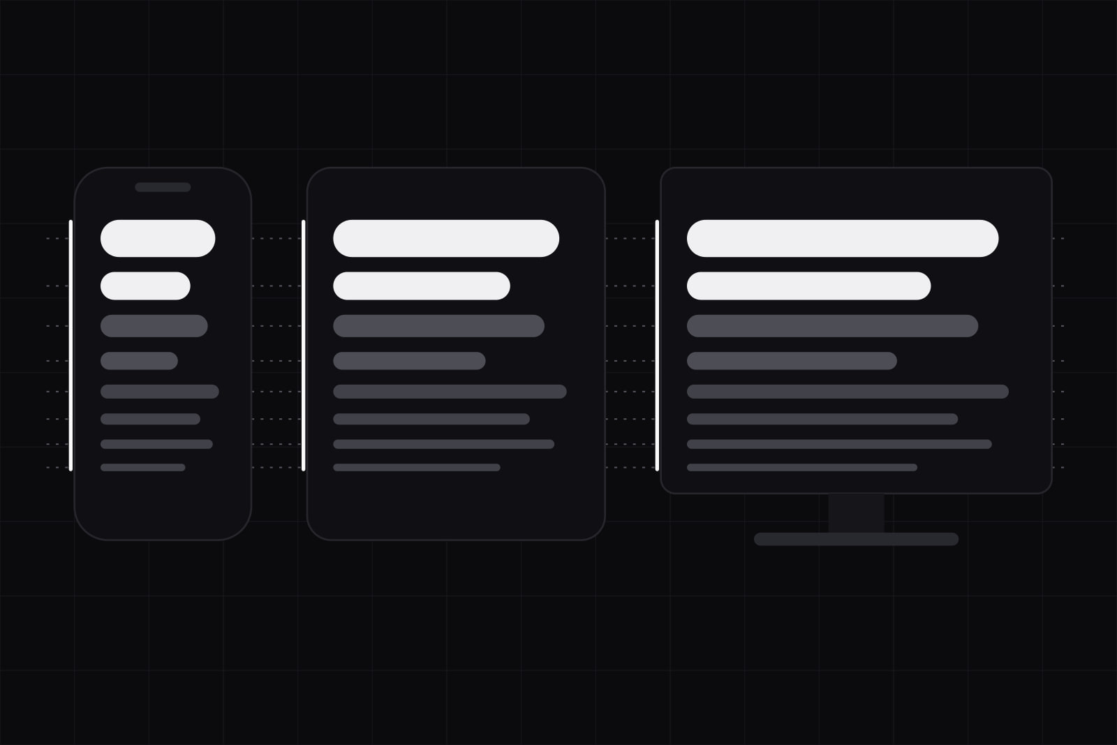 A phone, a tablet and a monitor side by side, each holding the same eight rows of text in stepped sizes, white guide lines running level through all three