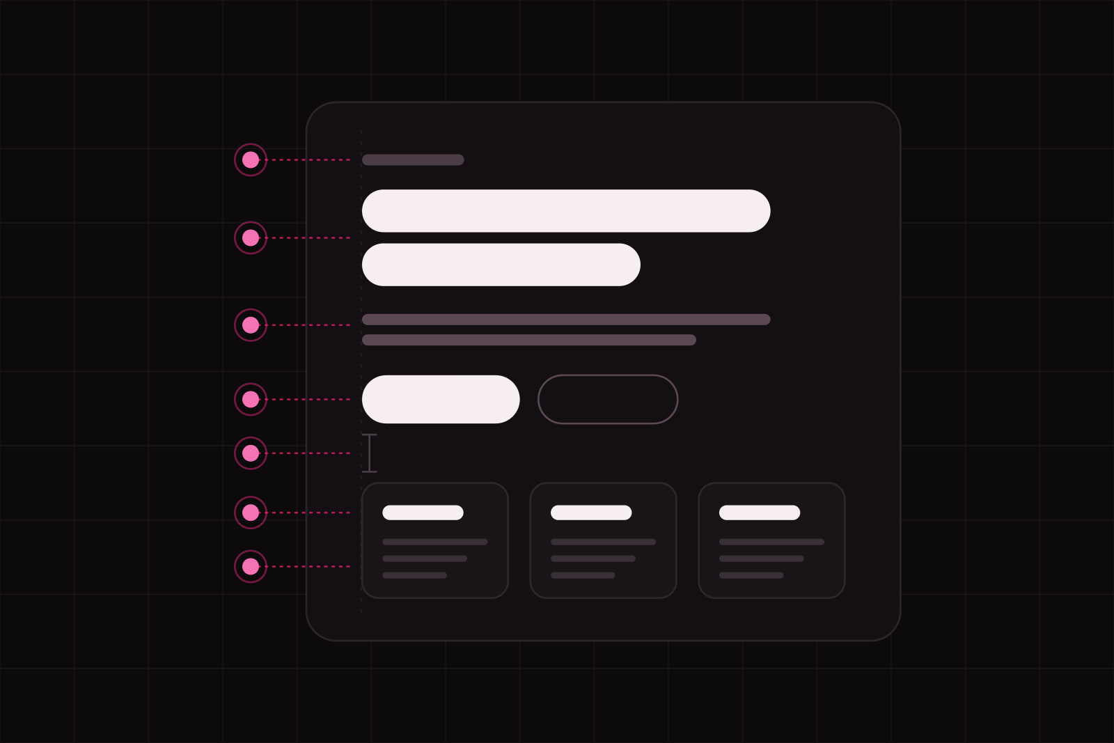 A grey-only interface panel with a clear order of headline, text, buttons and cards, seven amaranth markers in its margin pointing at the parts