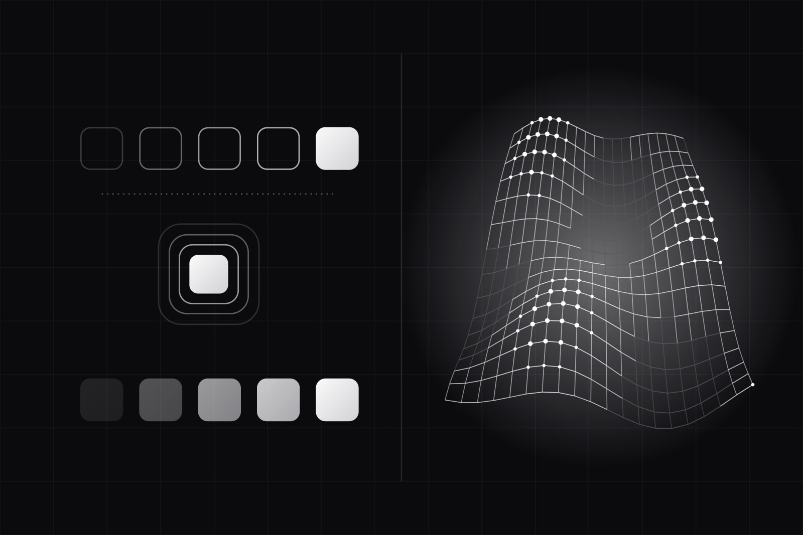 Left, three lit tiles each shown sliding, scaling and fading as faint copies; right, a glowing white wireframe surface of many points in a wave