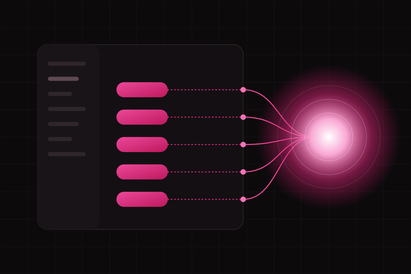 A dark app window whose five lit buttons are wired through its edge to a glowing amaranth orb on the right