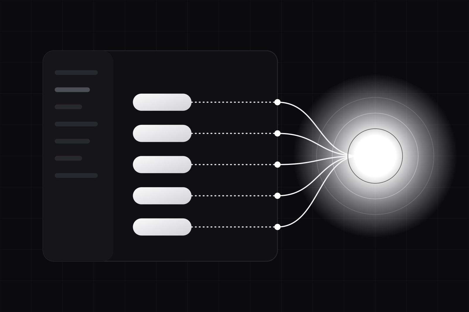 A dark app window whose five lit buttons are wired through its edge to a glowing white orb on the right