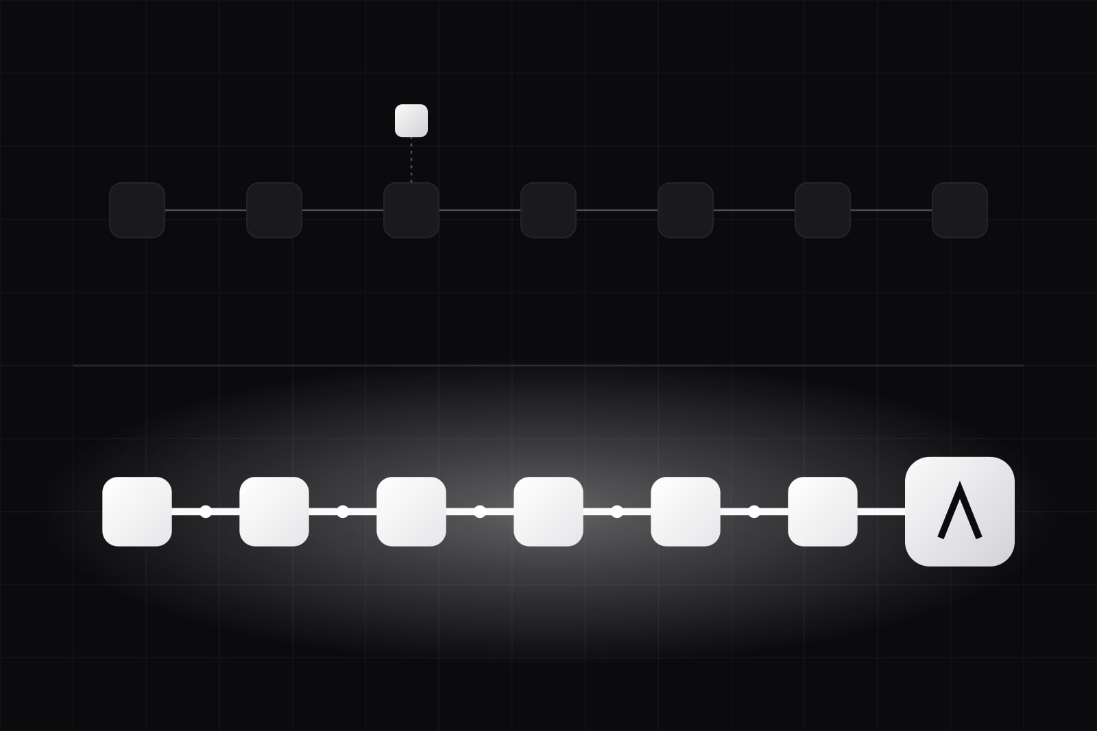 Above, a row of grey tiles on a thin line with one small lit tile hanging off it; below, a glowing row of lit tiles joined by a thick white line into a large lit tile