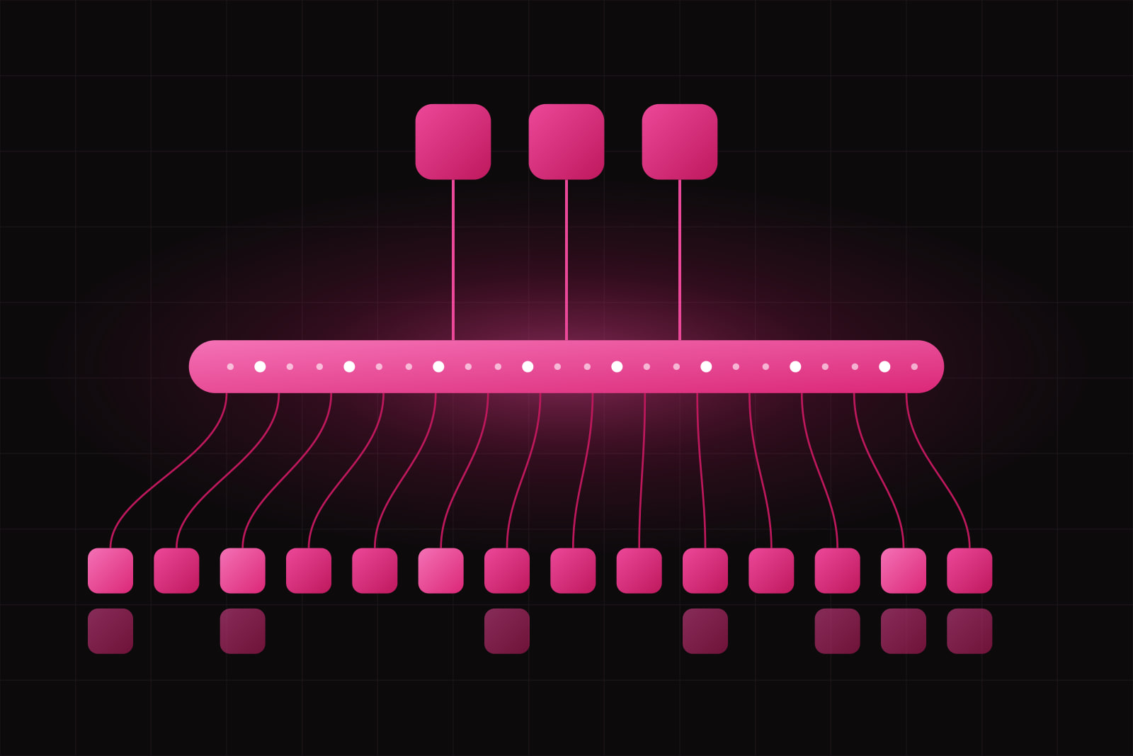 Three amaranth tiles at the top wired down into a glowing horizontal band, from which many thin lines fan out to a wide row of lit tiles below