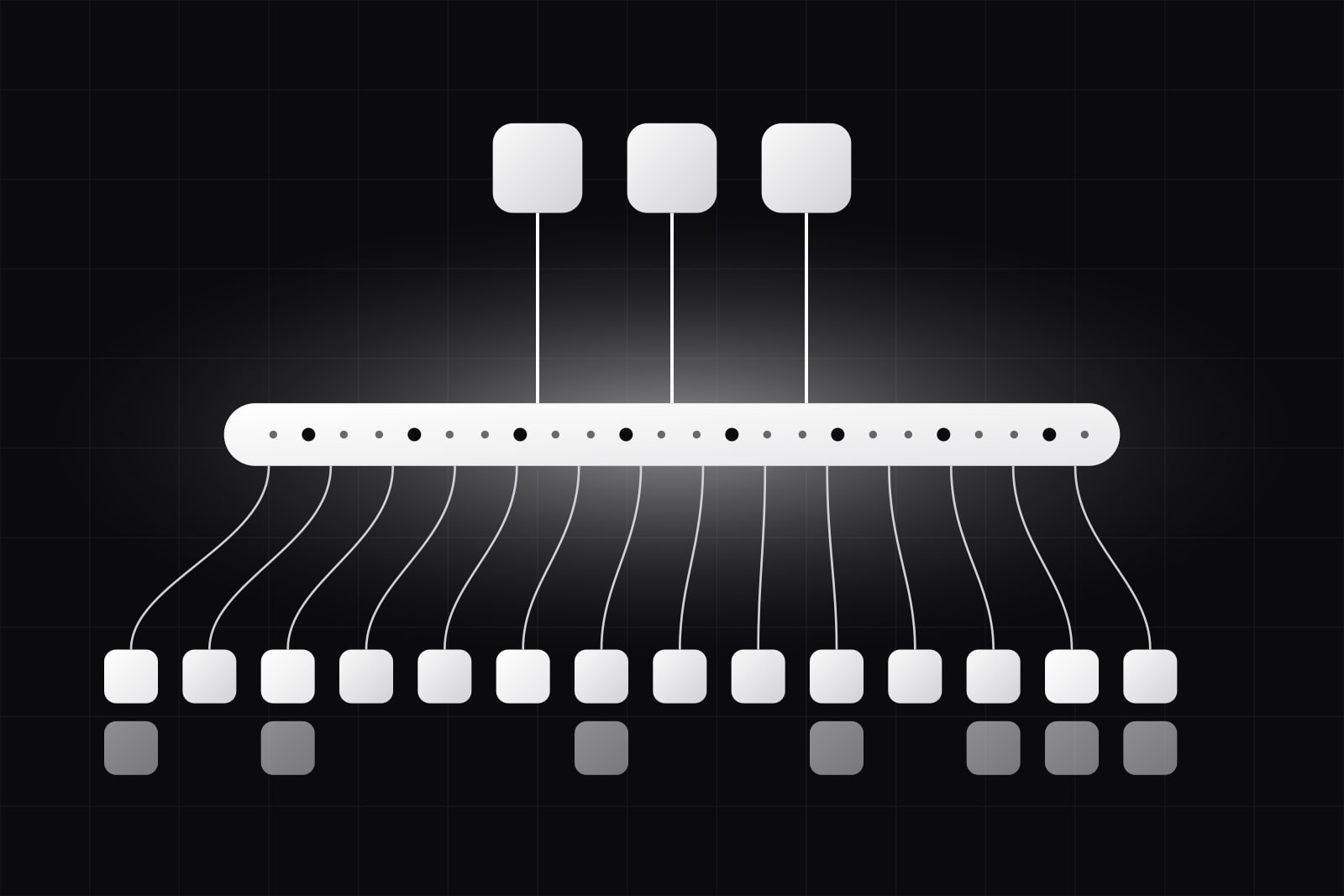 Three white tiles at the top wired down into a glowing horizontal band, from which many thin lines fan out to a wide row of lit tiles below