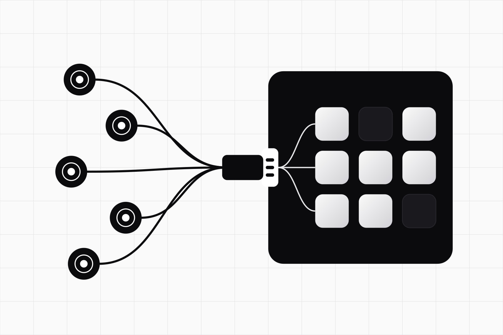On a white ground, five black agent circles whose cables join into one plug fitted to a white port on a black product panel full of white feature tiles