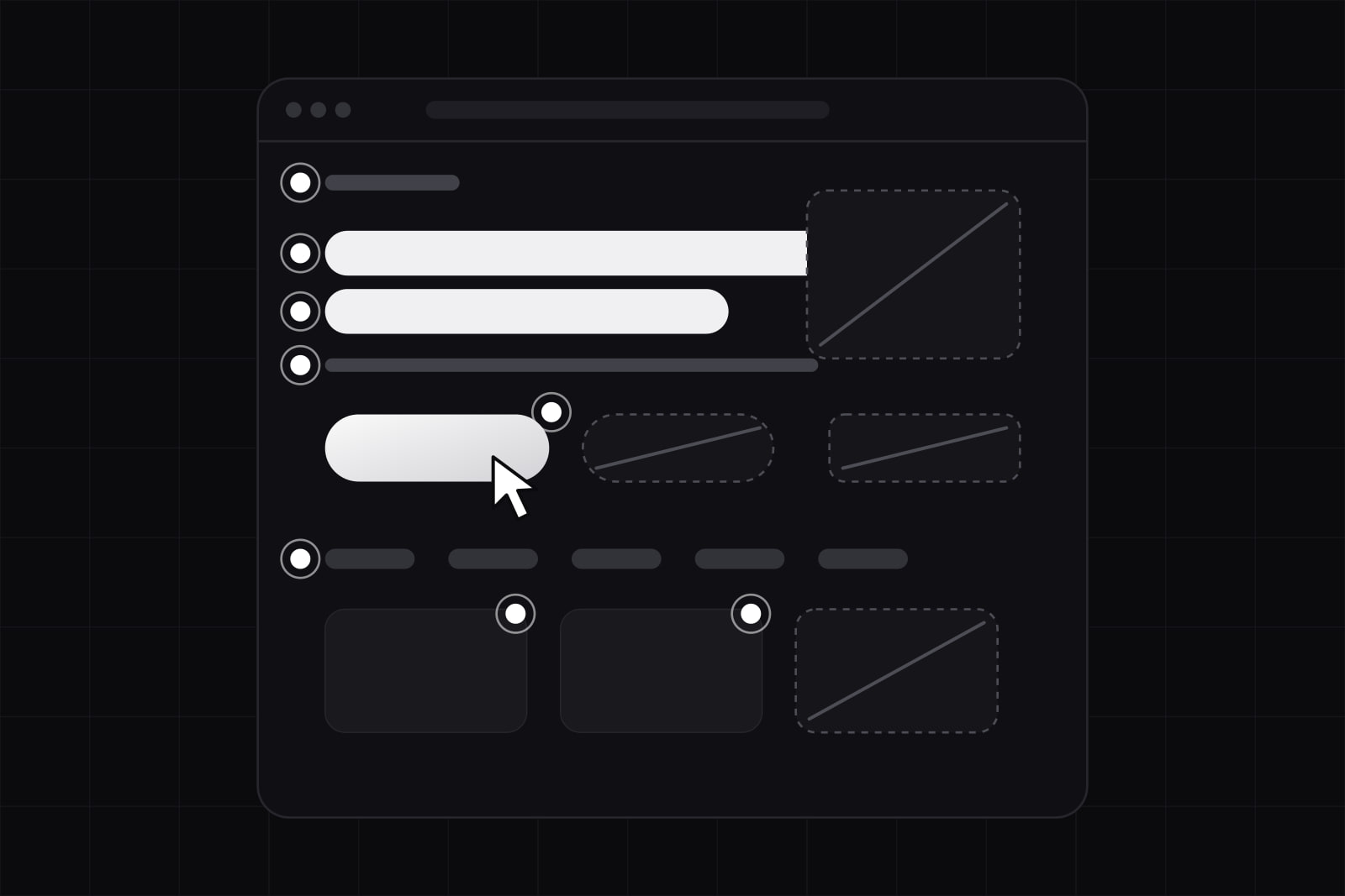 A browser window holding a landing page, eight white markers on its parts, four parts struck through, and a pointer on the lit call-to-action button