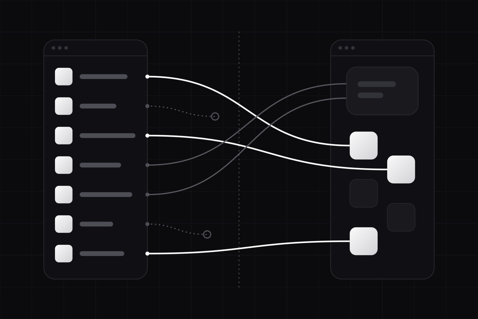 Two dark site windows: on the left a column of seven lit page tiles, on the right a new layout with a large home tile and five smaller staggered ones; three white lines cross and light their new pages, two stop short in the middle at grey dots, two bend into the dark home tile
