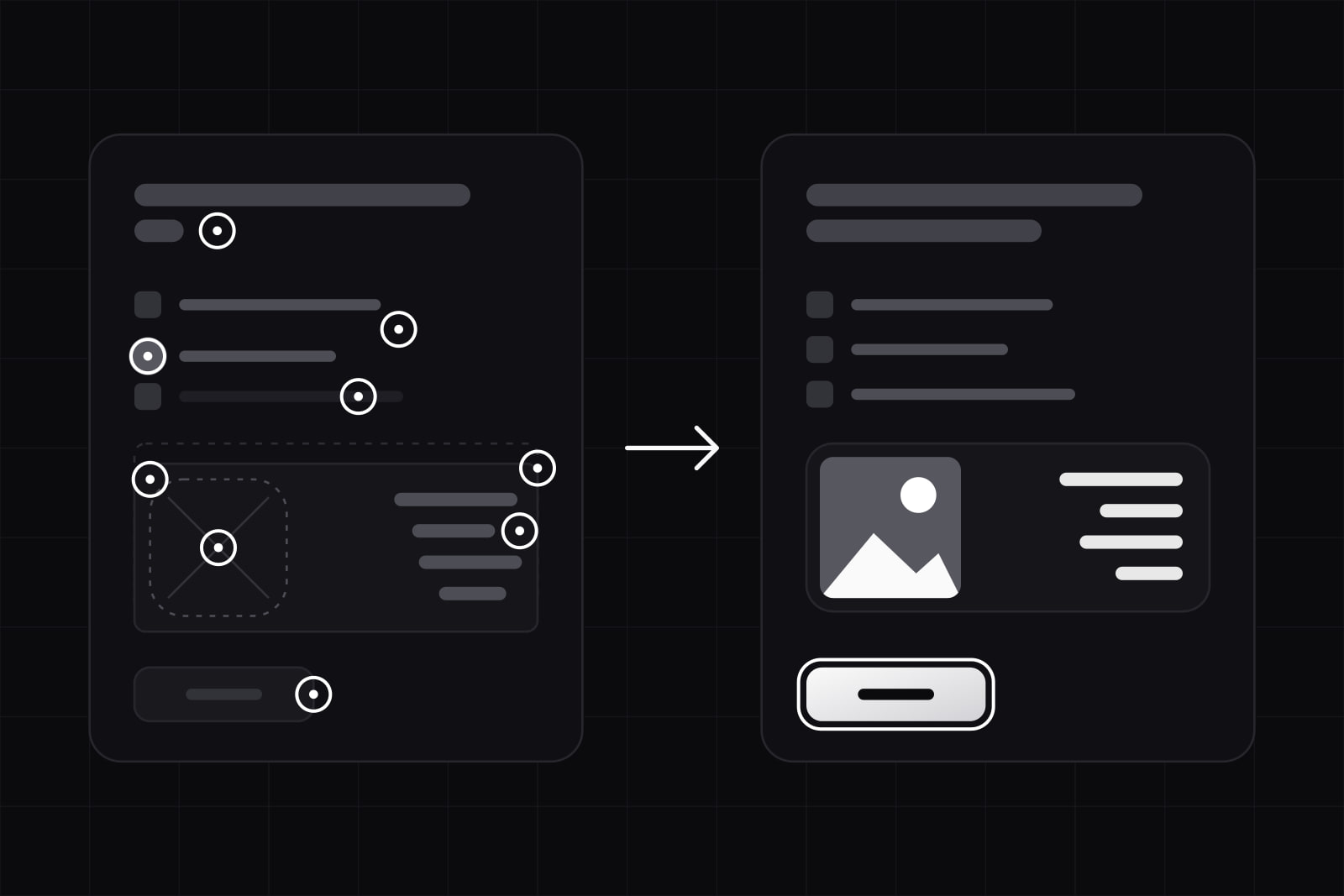 Two dark interface panels side by side: the left one uneven, with nine small white rings marking its faults, the right one the same screen aligned, with flush numbers and a lit focused button