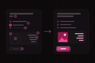 Two dark interface panels side by side: the left one uneven, with nine small amaranth rings marking its faults, the right one the same screen aligned, with flush numbers and a lit focused button