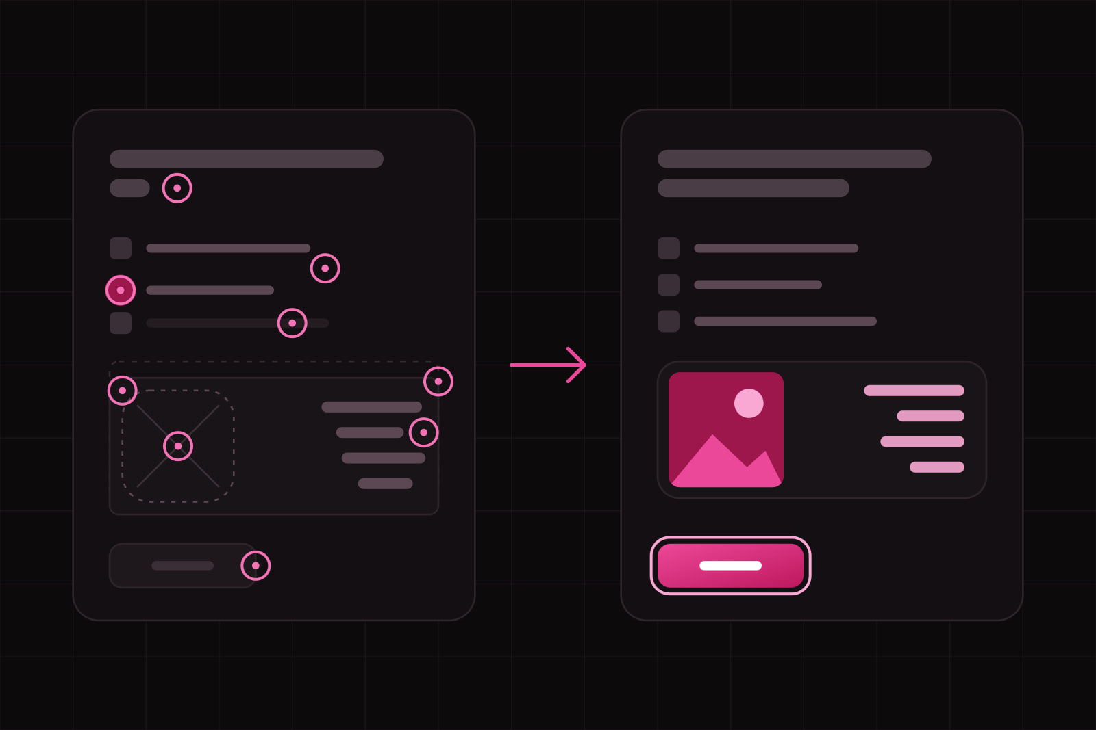 Two dark interface panels side by side: the left one uneven, with nine small amaranth rings marking its faults, the right one the same screen aligned, with flush numbers and a lit focused button